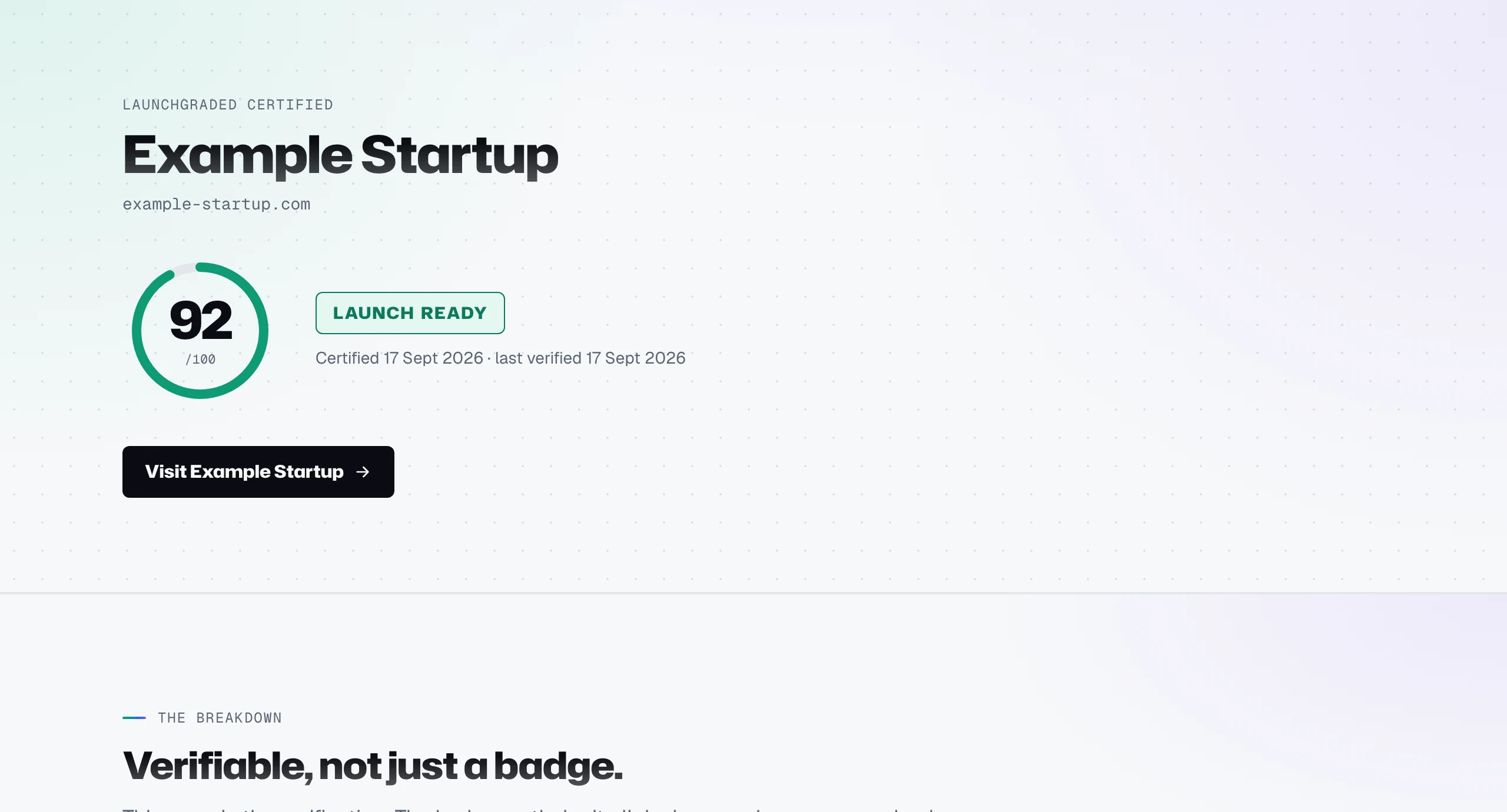 The public certificate for Example Startup: Launch Ready at 92 of 100, with the certified and last verified dates.