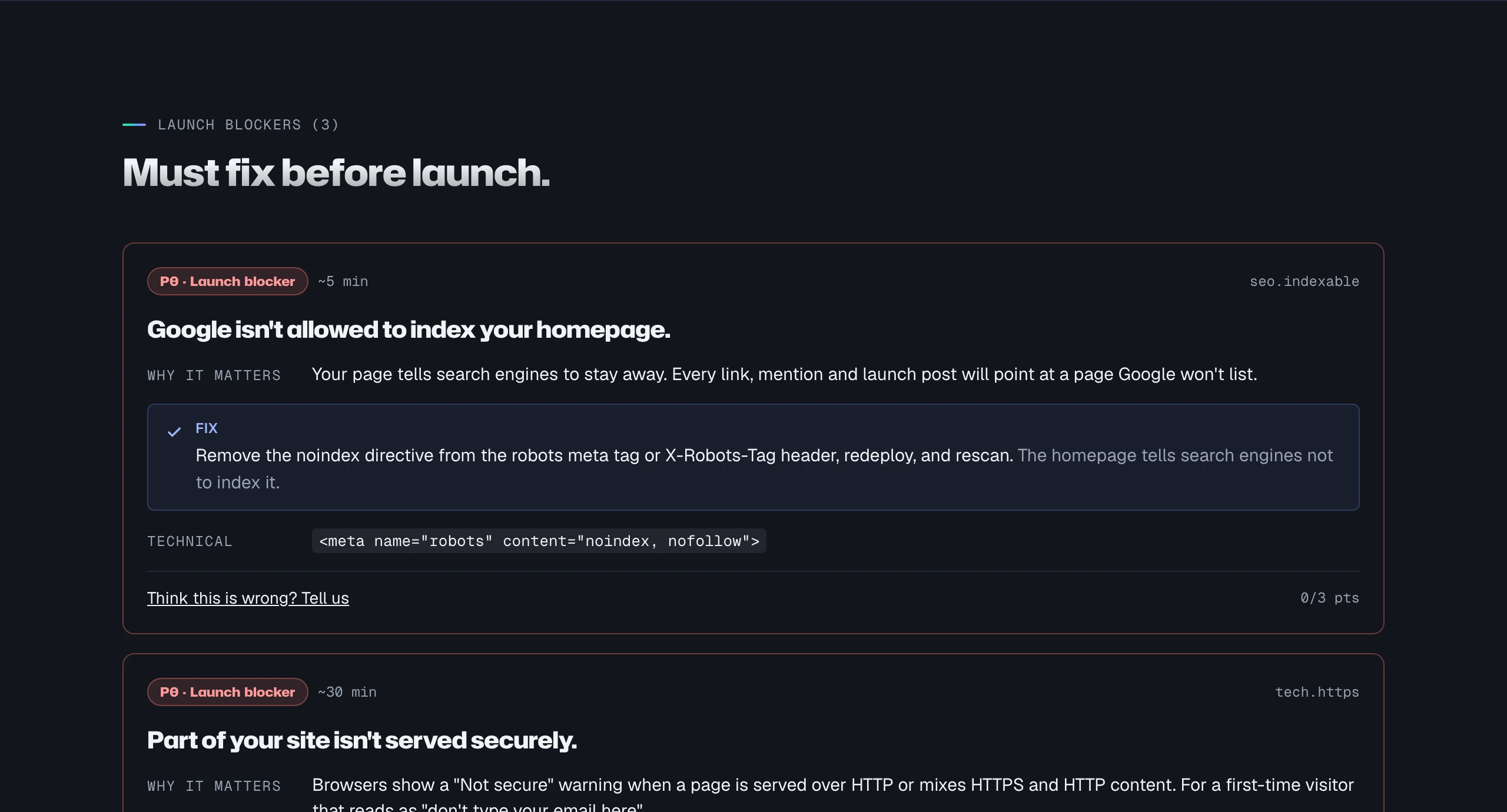 The Must fix before launch section of the sample report: each launch blocker with why it matters, the fix, the technical detail and the time it takes.