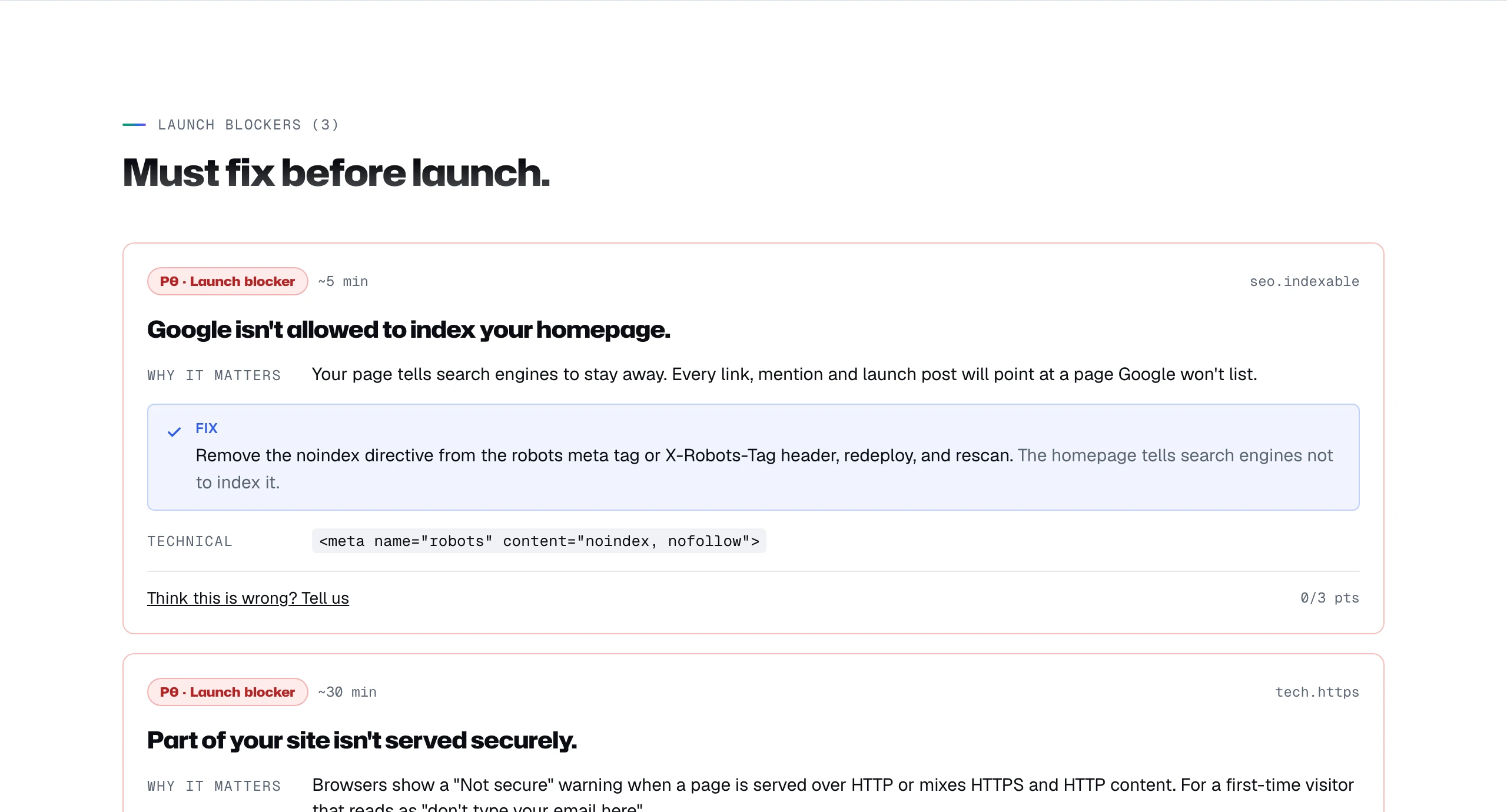 The Must fix before launch section of the sample report: each launch blocker with why it matters, the fix, the technical detail and the time it takes.